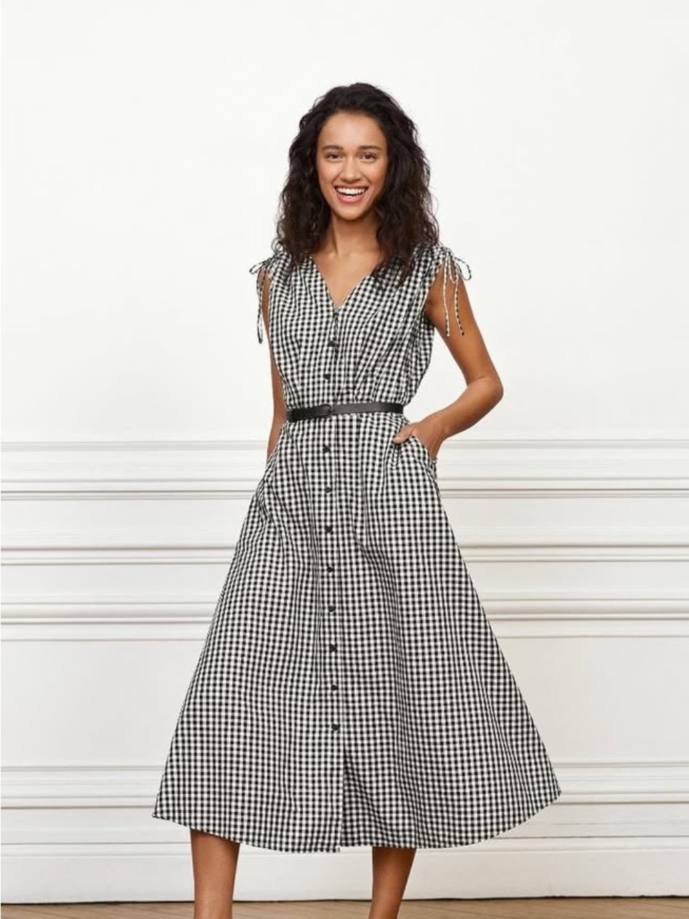 uniqlo Ines de la Fressange Black Gingham Midi dress size medium